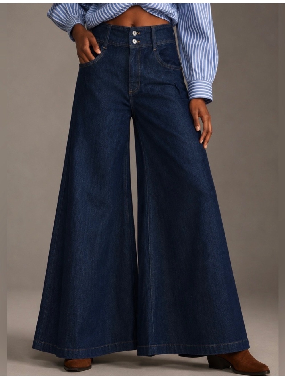 Pilcro Anthropologie Wide-Leg Dark Blue Denim Jeans with Double Button Closure